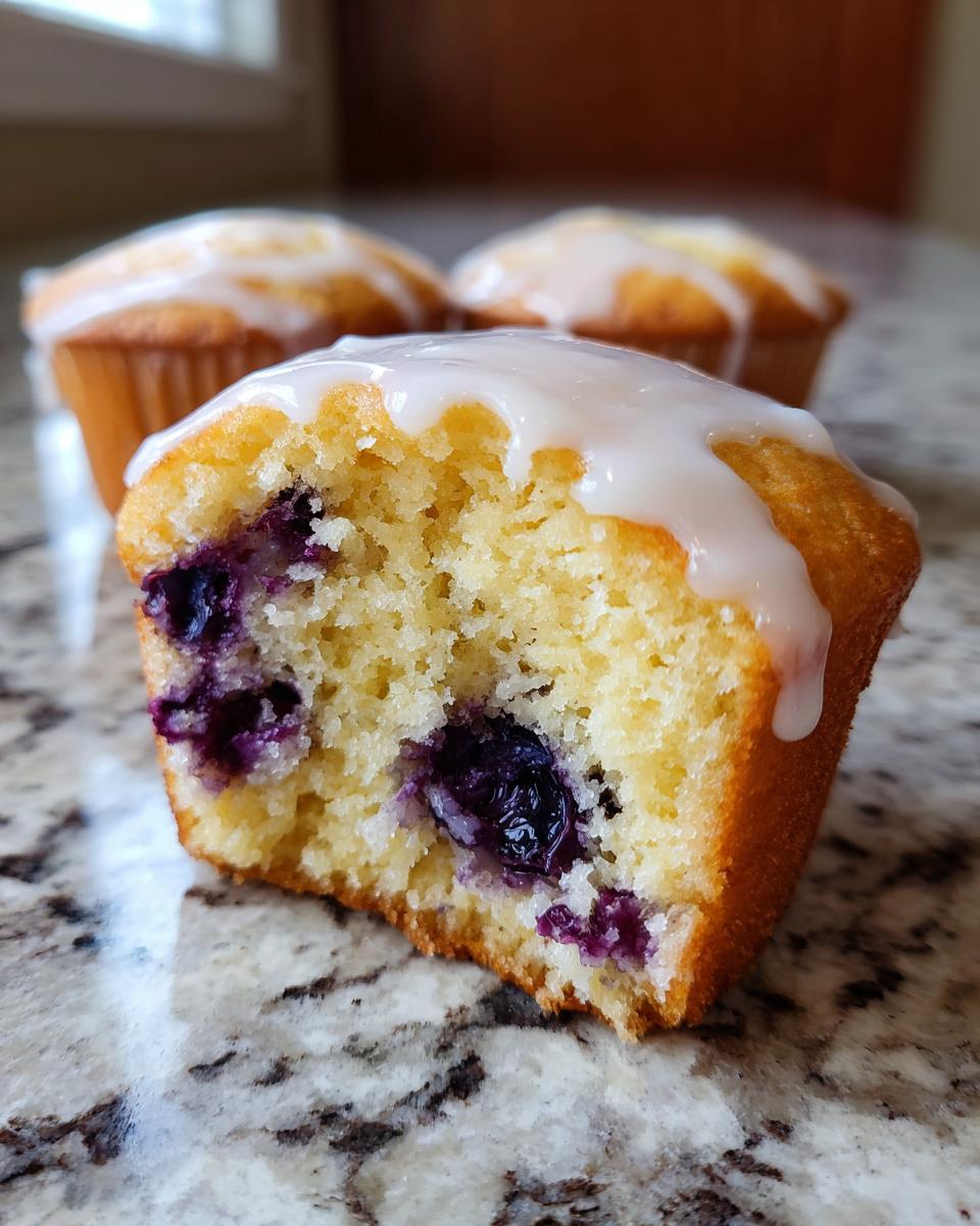 Close-up of a sourdough blueberry muffin cut in half showing moist crumb and blueberries, topped with white glaze.