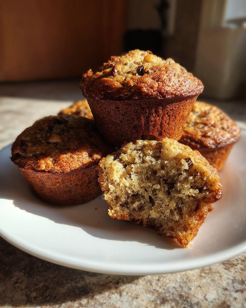 Close-up of several moist sugar free banana bread muffins on a white plate, one broken open showing the texture.