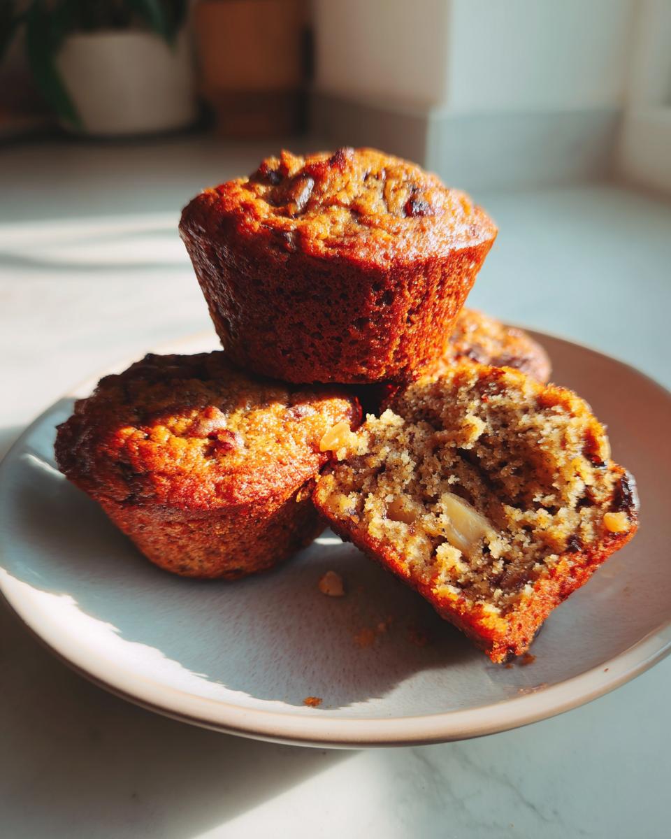 Three golden brown sugar free banana bread muffins stacked on a plate, one cut open showing moist interior and nuts.
