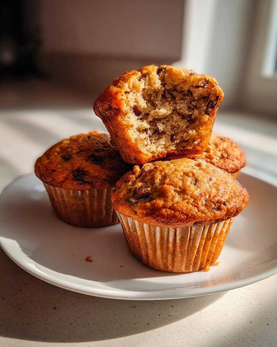 Four golden brown sugar free banana bread muffins stacked on a white plate, one on top broken open to show the moist interior.