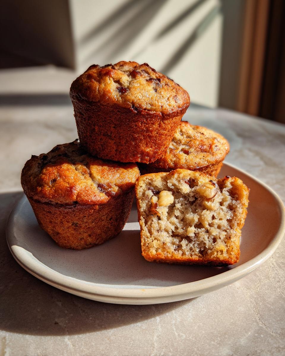 A stack of golden brown sugar free banana bread muffins, with one cut open showing nuts inside.