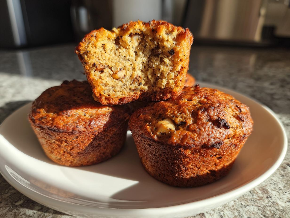 Three golden brown sugar free banana bread muffins stacked on a white plate, one cut in half showing walnuts.