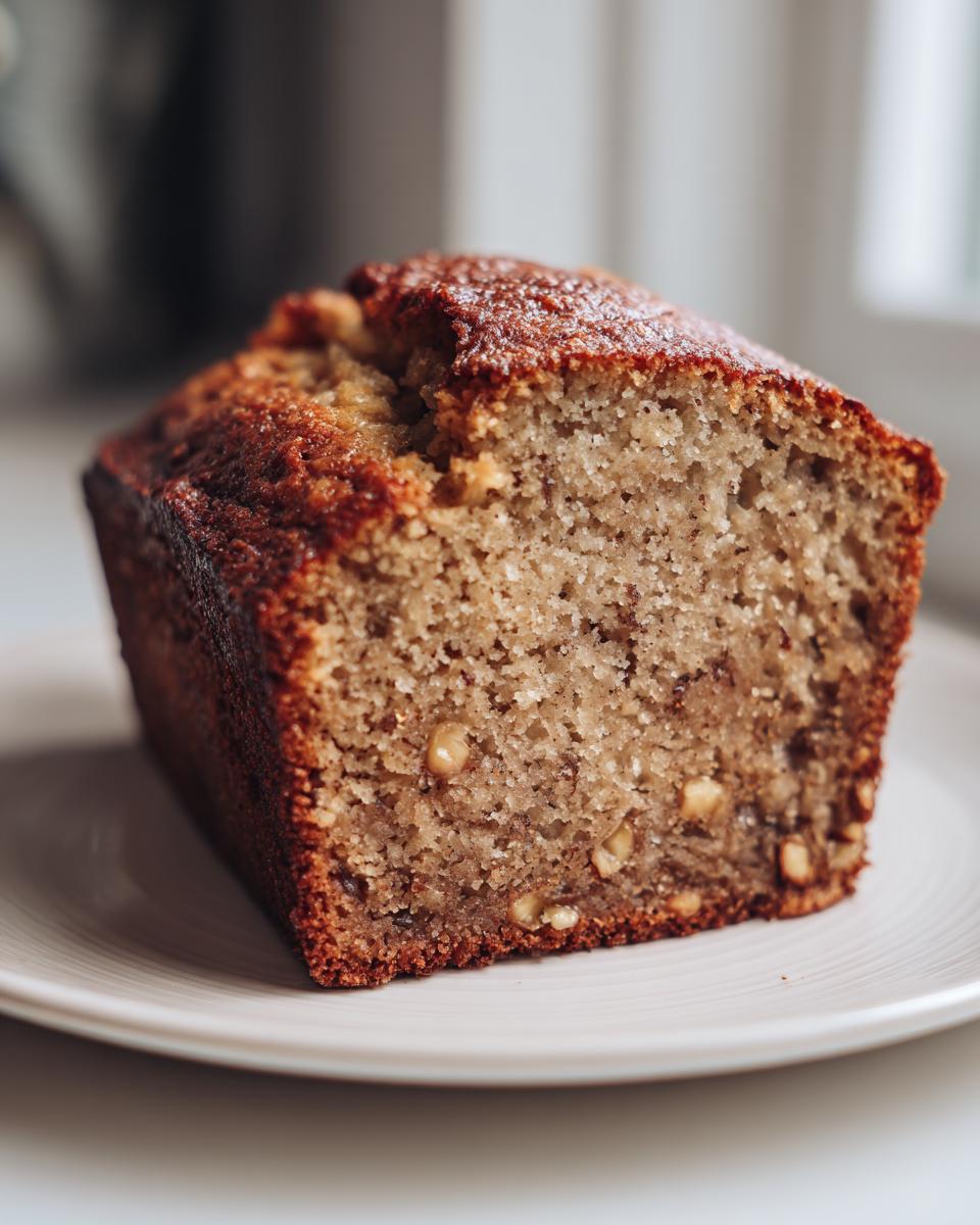 Close-up of a moist slice of sugar free banana bread showing the crumb texture and visible walnuts.